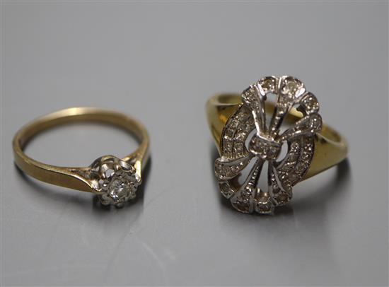 An Art Deco style 18ct gold and diamond pierced tablet ring and 9ct gold illusion-set solitaire diamond ring